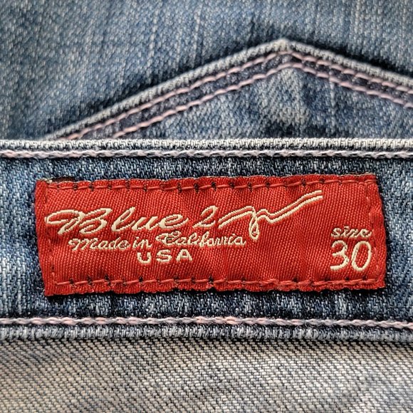 Blue 2 Medium Wash Pink Stitching Distressed Flare Denim Jeans - Picture 13 of 14